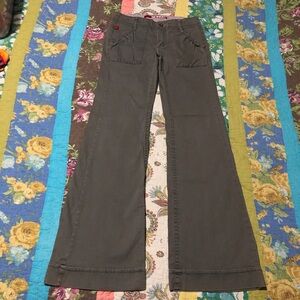 Bongo green low rise flare jeans with cute pocket scrunch details